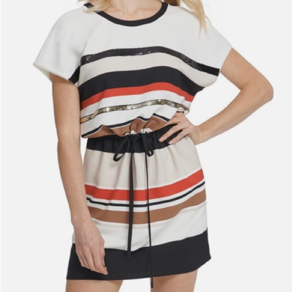 Striped Short Sleeve Dress with Drawstring Waist
